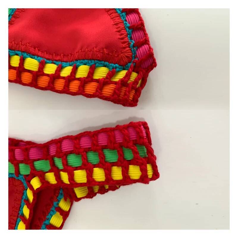 Women Boho Sexy Swimwear with Elastic Handmade Red Crochet Beachweaar 2 Pieces Bikini Set Poolside Wear Vacation Outfits
