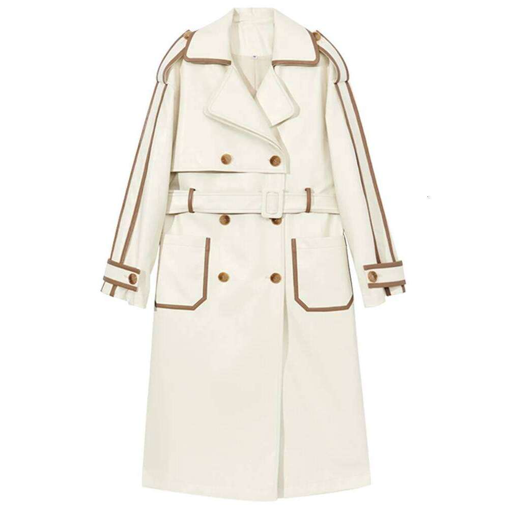 Lautaro Spring Autumn Long Color Block Pu Leather Trench Coat for Women Belt Pockets Designer Loose Stylish Clothes 2022