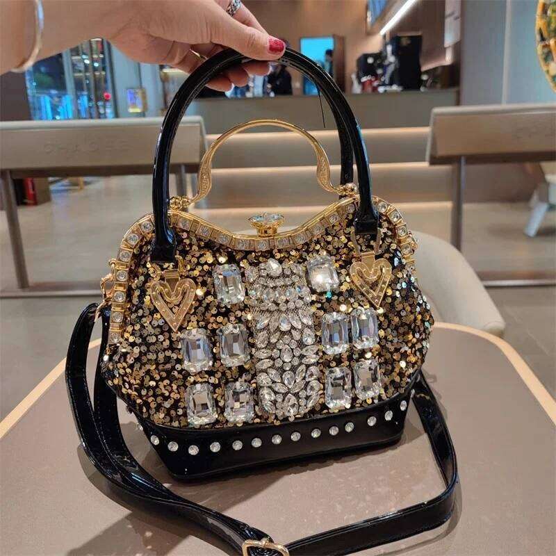 Designer Luxury Spring New Crystal Sequin Horizontal Large-Capacity Metal Button Handbag Banquet Dress One-Shoulder Cross-Body Women's Bag