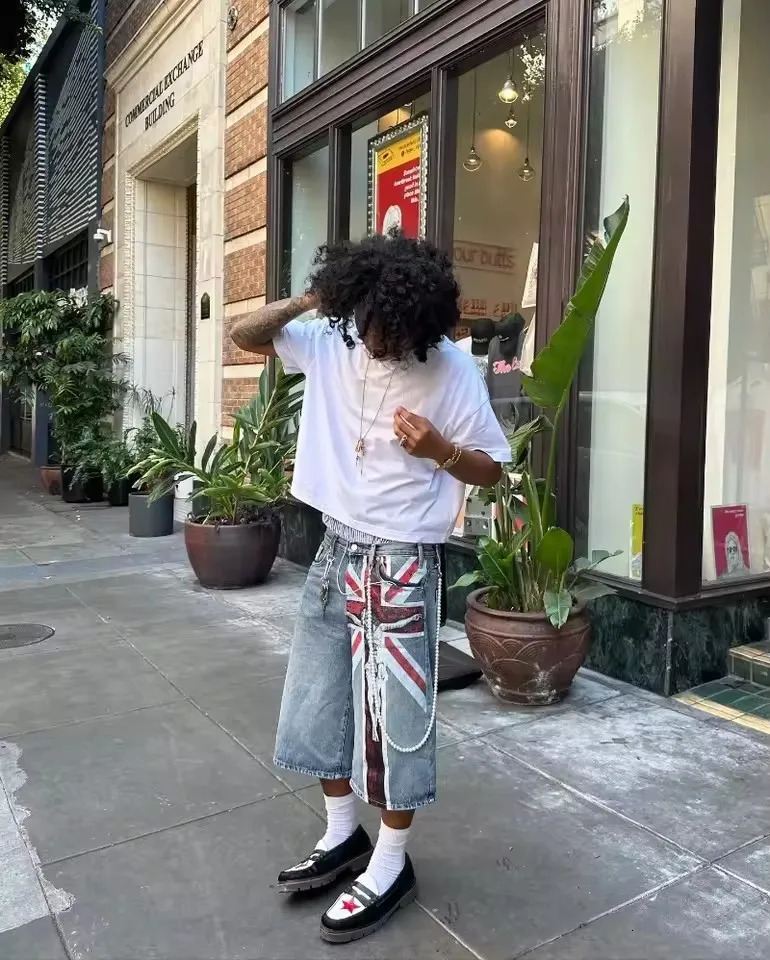 Streetwear Vintage Denim Shorts Y2K Jeans Hip Hop Union Jack Graphic Retro Baggy Shorts Low Rise Over The Knee Pant Casual Short 250610