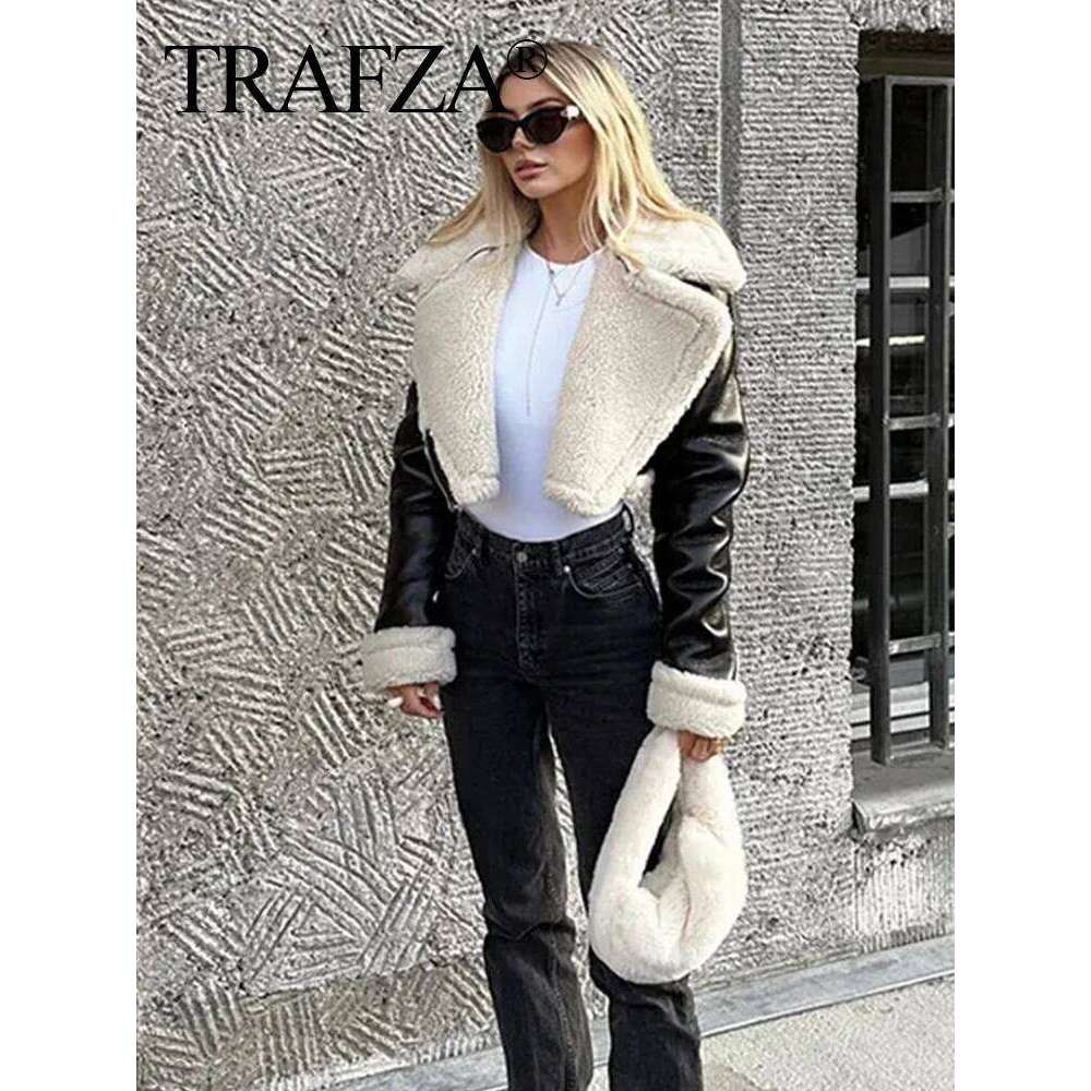 TRAFZA Women's Cropped Coat Black Wool Blends Coats Bomber Tweed Autumn Winter Leather Fur Crop Jacket