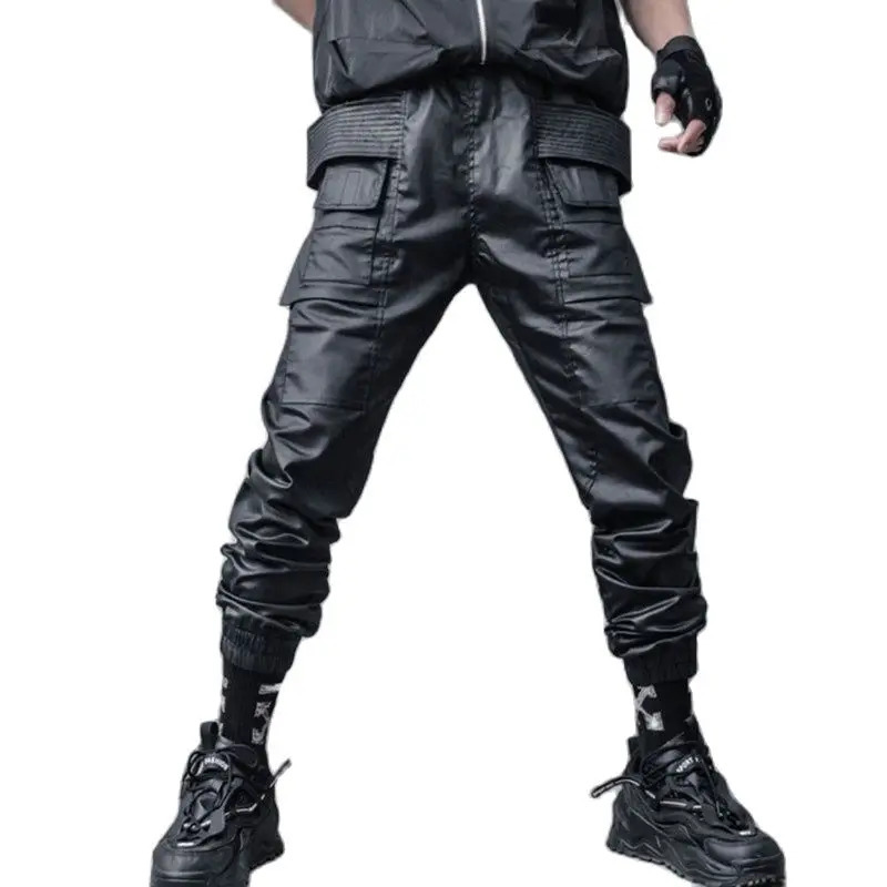 Waxy Coating Punk Hip Hop Cargo Pants Mens Multi-pockets Motorcycle Techwear Functional Joggers Street Casual Trousers 250609