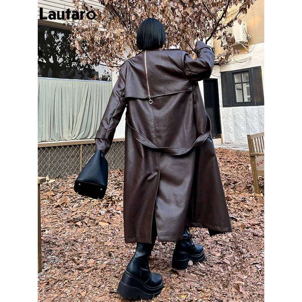 Lautaro-Long PU Leather Trench Coat for Women, Oversized, Double Breasted, Loose, Designer Clothes, Black, Brown, Spring