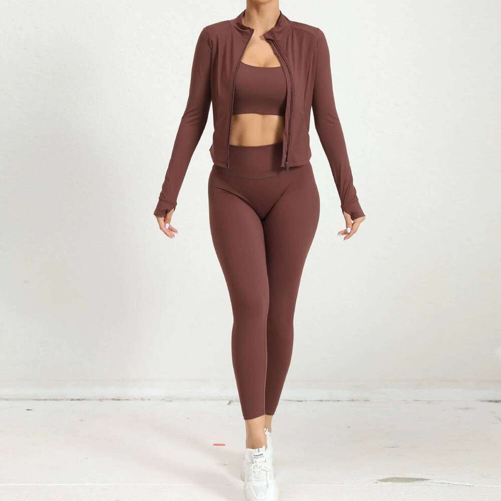 New Yoga 3PCS Clothes Workout Sportswear Suits For Women Jacket Fiess Set Tracksuits Sports Bra Running Gym Leggings