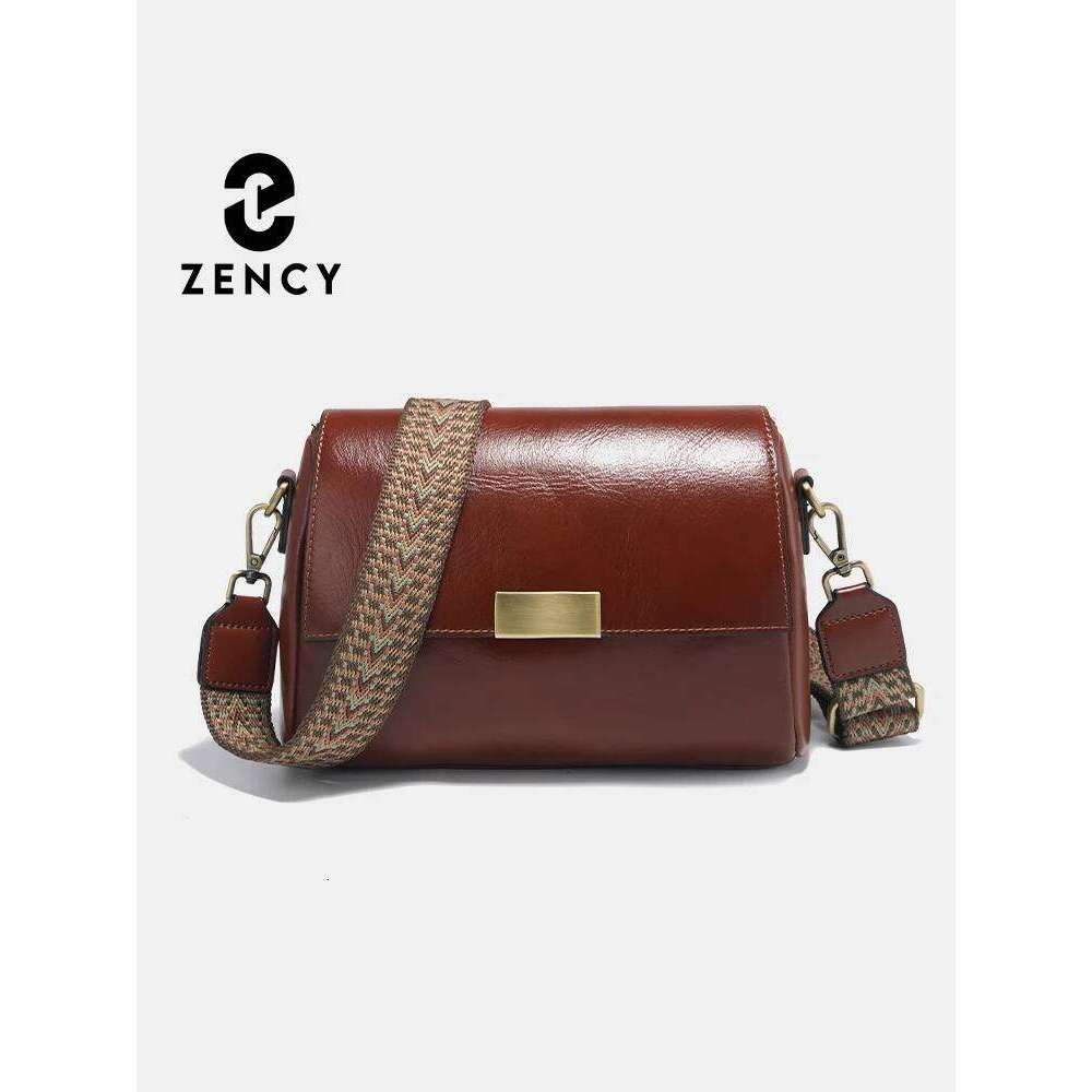 Zency Genuine Leather Vintage Designer Handbag For Women Large Capacity Shoulder Brown Crossbody Flap Bag Zip Purse Sac