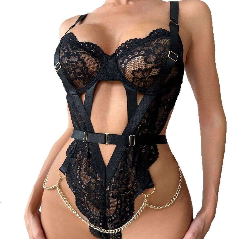 Spell Lingerie Porn Suits Cherry Temptation Sexy Lingerie Black Lace Sheer Bodysuit Chain Hollow Tight Hot Girl Outfit Sexy Lingerie