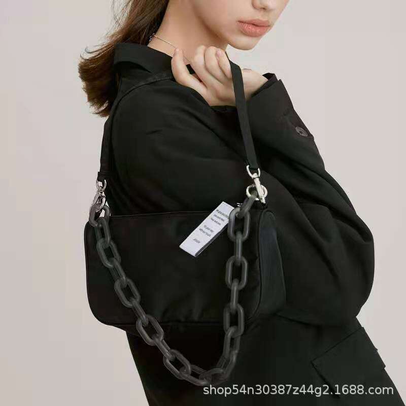 nieeh Korean Jennie Style Underarm Chain Handbag Shoulder Nylon Baguette Bag for Women