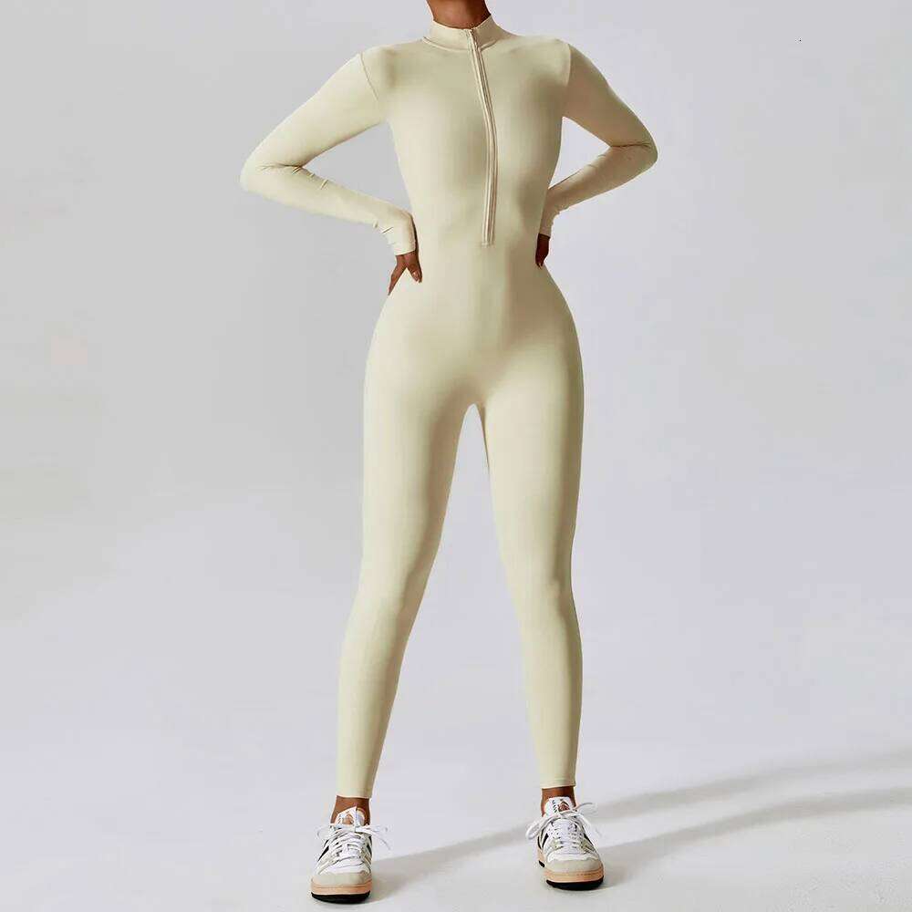 Yoga Women Seamless Sports Zipper Jumpsuit Set Long Sleeve Fiess Suit Elastic Gym Workout Bodysuit Wear