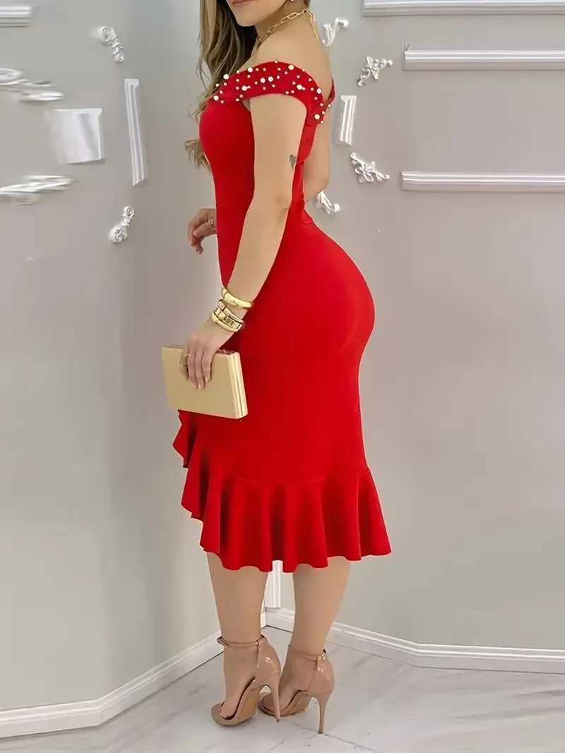 Womens Dresses New Summer Fashion Beaded Off Shoulder Ruffles Slit Hem Elegant Plain Short Sleeve Skinny Midi Party Dress XJ250610