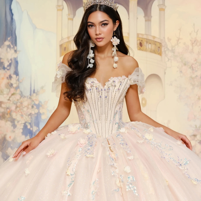Beige Shiny Quinceanera Dresses Ball Gown Off The Shoulder Applique Flower Beading Tull Sweet 16 Dress Vestidos 15 De Anos