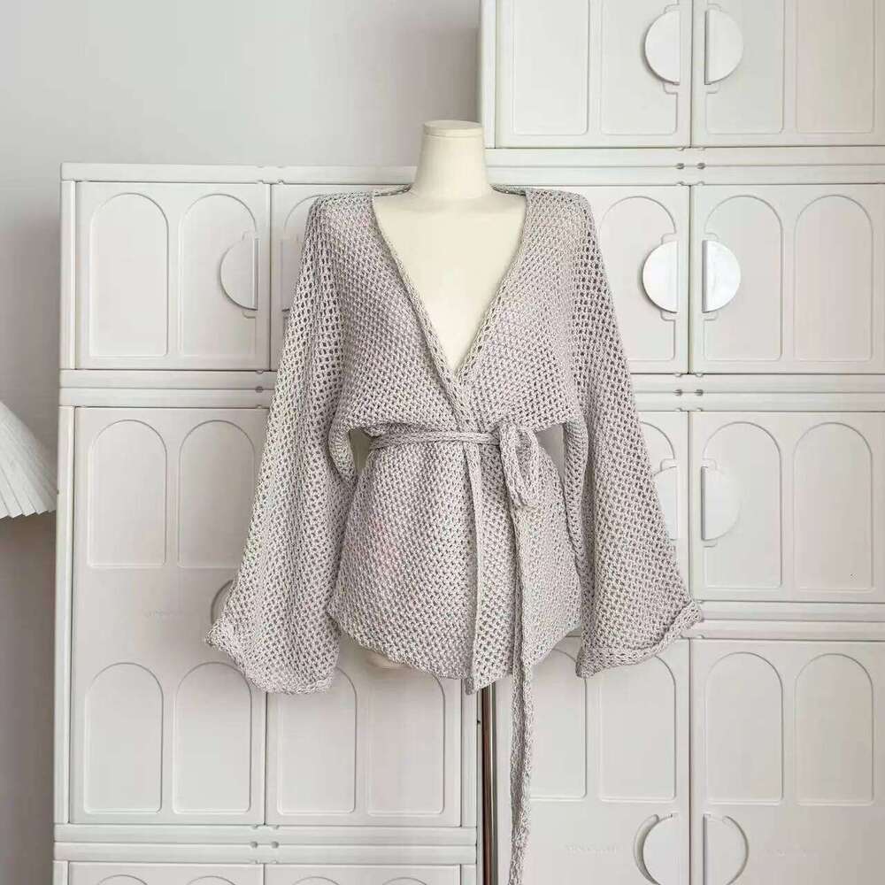 Hollow Lace-up Bathrobe Jacket Knitted Open Cardigan for Women Autumn Solid Fashion Sweater Coat Loose
