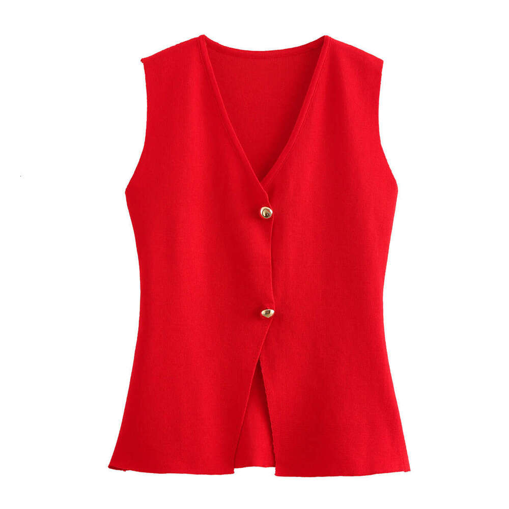 Autumn Women's Solid Color Slim Fit Gold Button Decor Knitted Vest Top B5