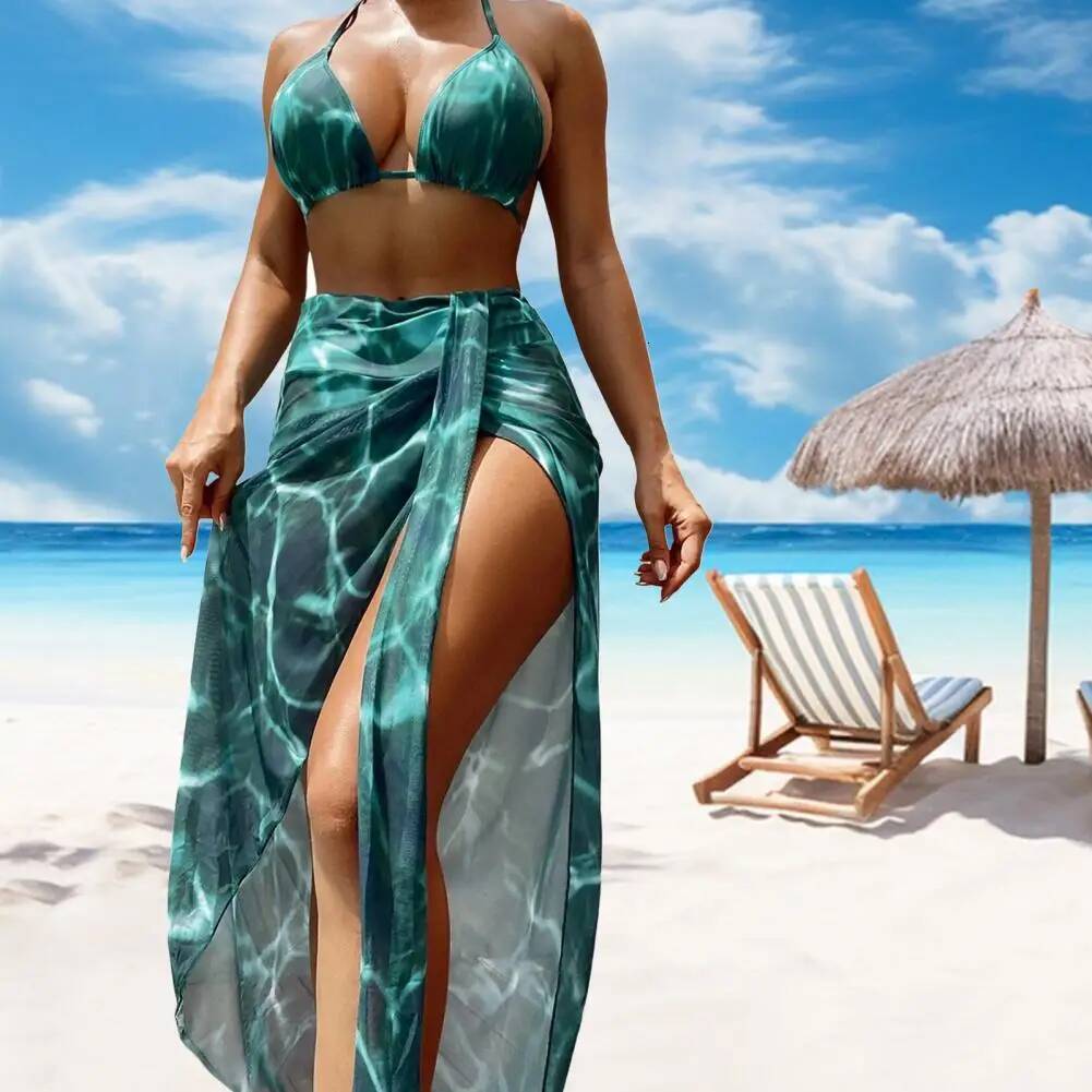 3 Pcs/Set Women Swimsuit Lace-up Halter Neck Bikini Set Wireless Summer Beach Swimwear Bathing Suit Wading Sports Clothes