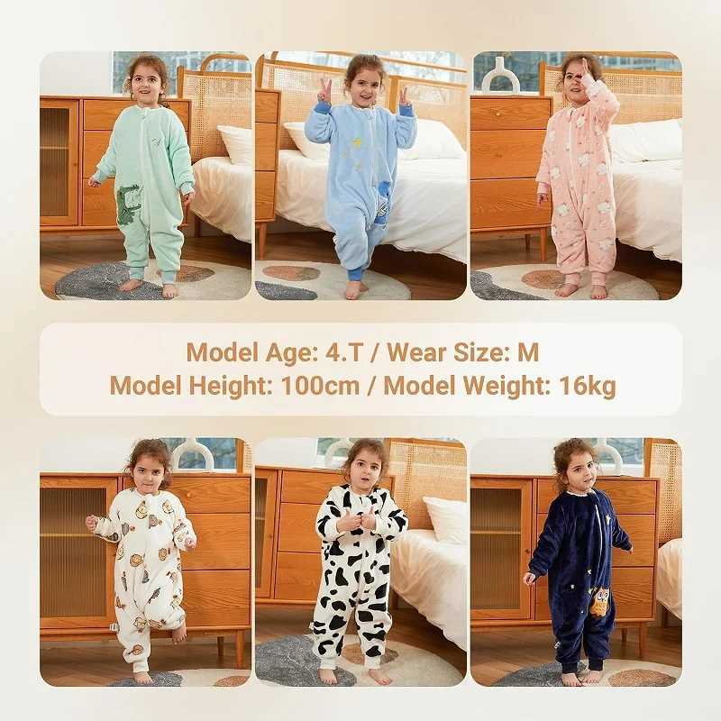 MICHLEY Blue Dinosaur Flannel Baby Kid Sleeping Bag Winter Sleepwear Cute Cartoon Bodysuit Sleepsack Pajamas With Feet Boys Girl y250610PDCN