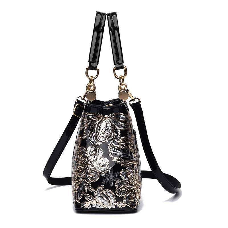 Retro Handbag Large Capacity Bright Leather Double-Sided Embroidered Women's Atmospheric Shoulder Messenger Bag