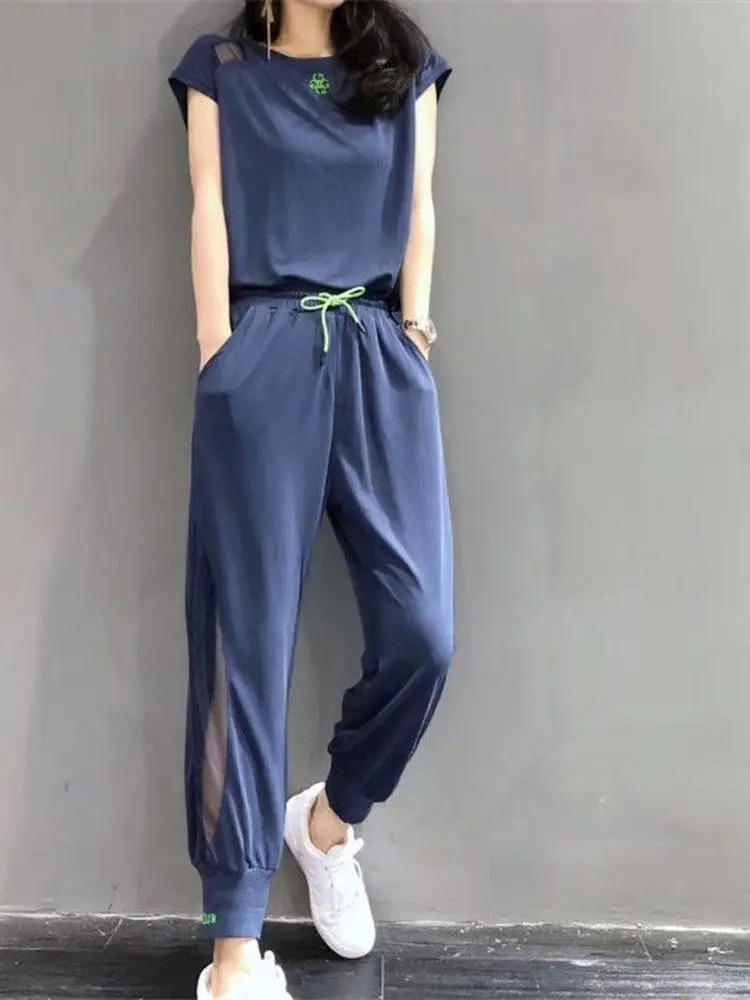 Tracksuit Set Women Summer Fashion Foreign Style Short Sleeve Harlan Slim Casual Two-piece Sports Suit Woman Sportswear 250609