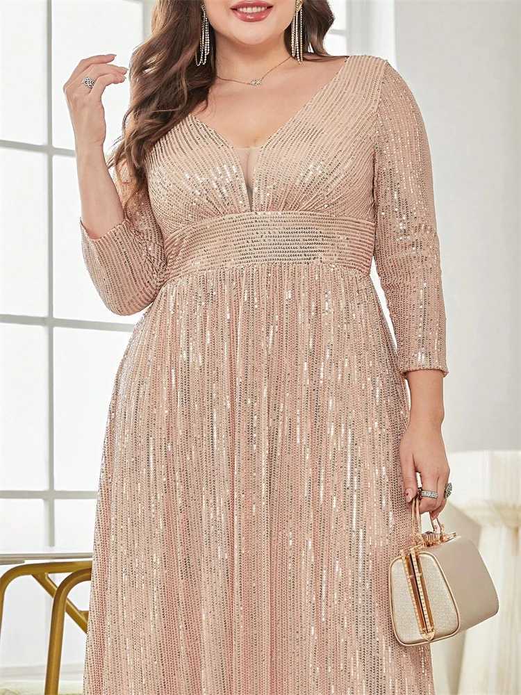 Plus Size Luxury V-Neck Long Sleeves Sequins Evening Dress For Women 2024 Wedding Party Prom Maxi Cocktail Bridesmaid Gowns XJ250610