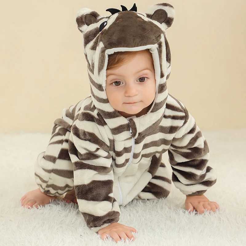 MICHLEY Halloween Cute Zebra Baby Rompers Winter Clothes Costume Flannel Hooded Bodysuits Pajamas Animals Jumpsuit For Girls Boy y250610V5K6