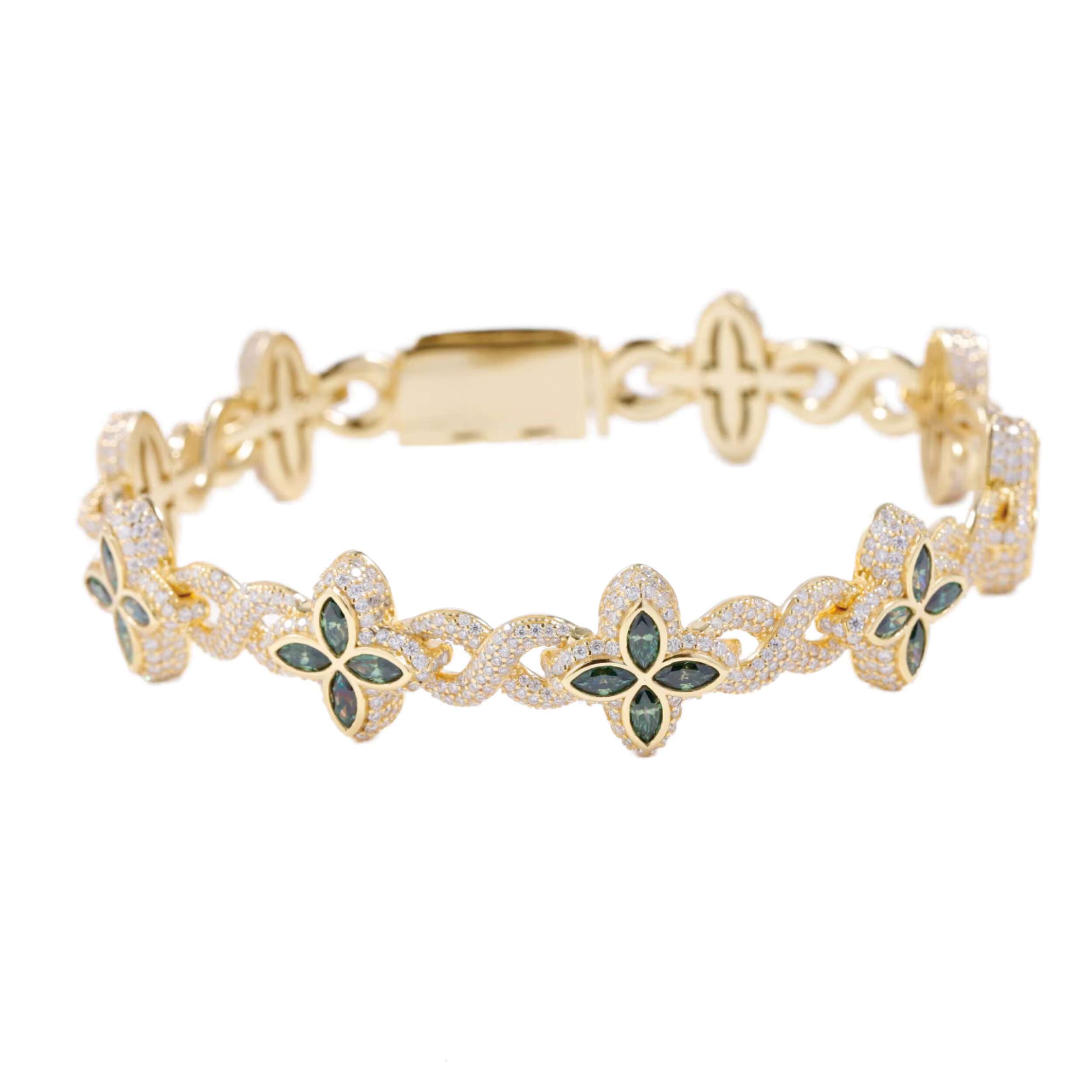 Fashion Hip Hop Jewelry 12mm Rose Gold 925 Sterling Silver Colored Moissanite Diamond Four Leaf Clover Infinity Link Bracelet