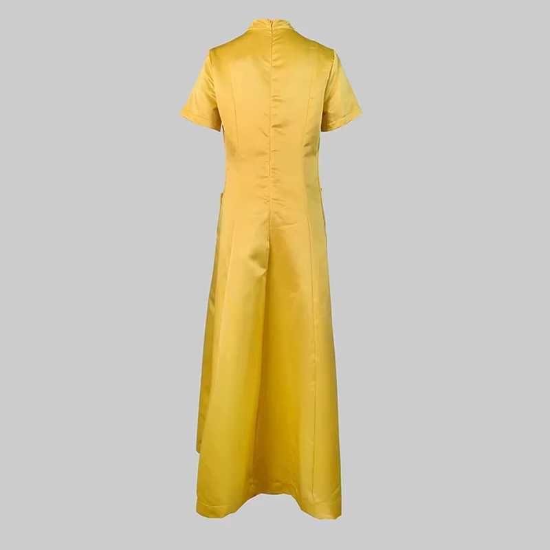 Elegant Party Evening Maxi Dresses for Women 2024 New Summer Short Sleeves Pockets Solid Color Round-Neck A-Line Dress XJ250610