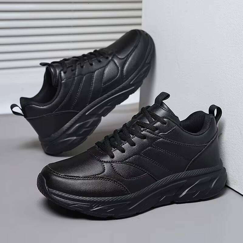 Wholesale Men Leather Upper Blank Sport Man All Black Sneakers Winter Light Weight Running Shoes With Fleece
