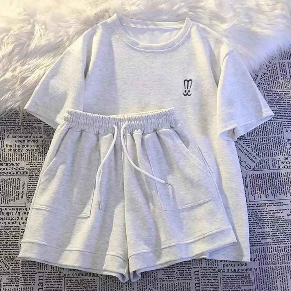 Women Suit Versatile Womens Tracksuit Set Stylish Round Neck T-shirt Elastic Waist Shorts Suit for Outfit 2 Pcs/set Lady 250609