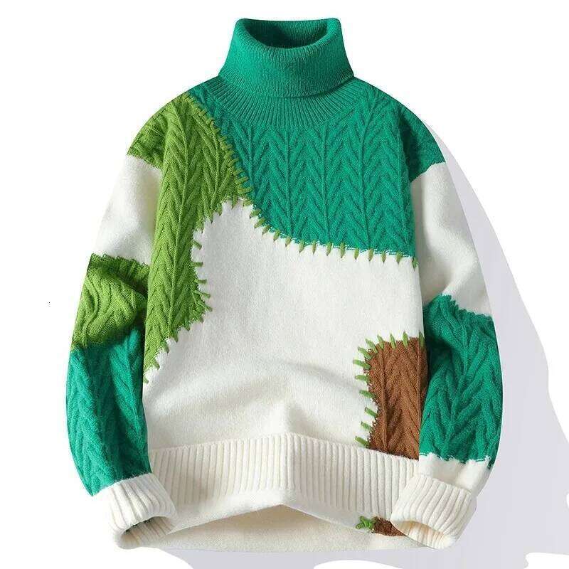 Autumn Winter Men's Fashion Patchwork Turtleneck Sweater Loose Casual Knitted Pullovers Men Youthful Vitality Knit Sweaters