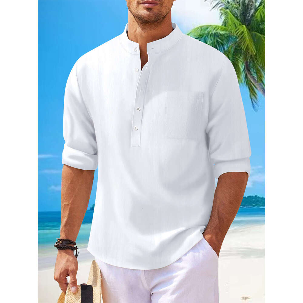 Autumn New Men's Solid Color Casual Cotton Linen Stand Collar Long Sleeve Shirt B5