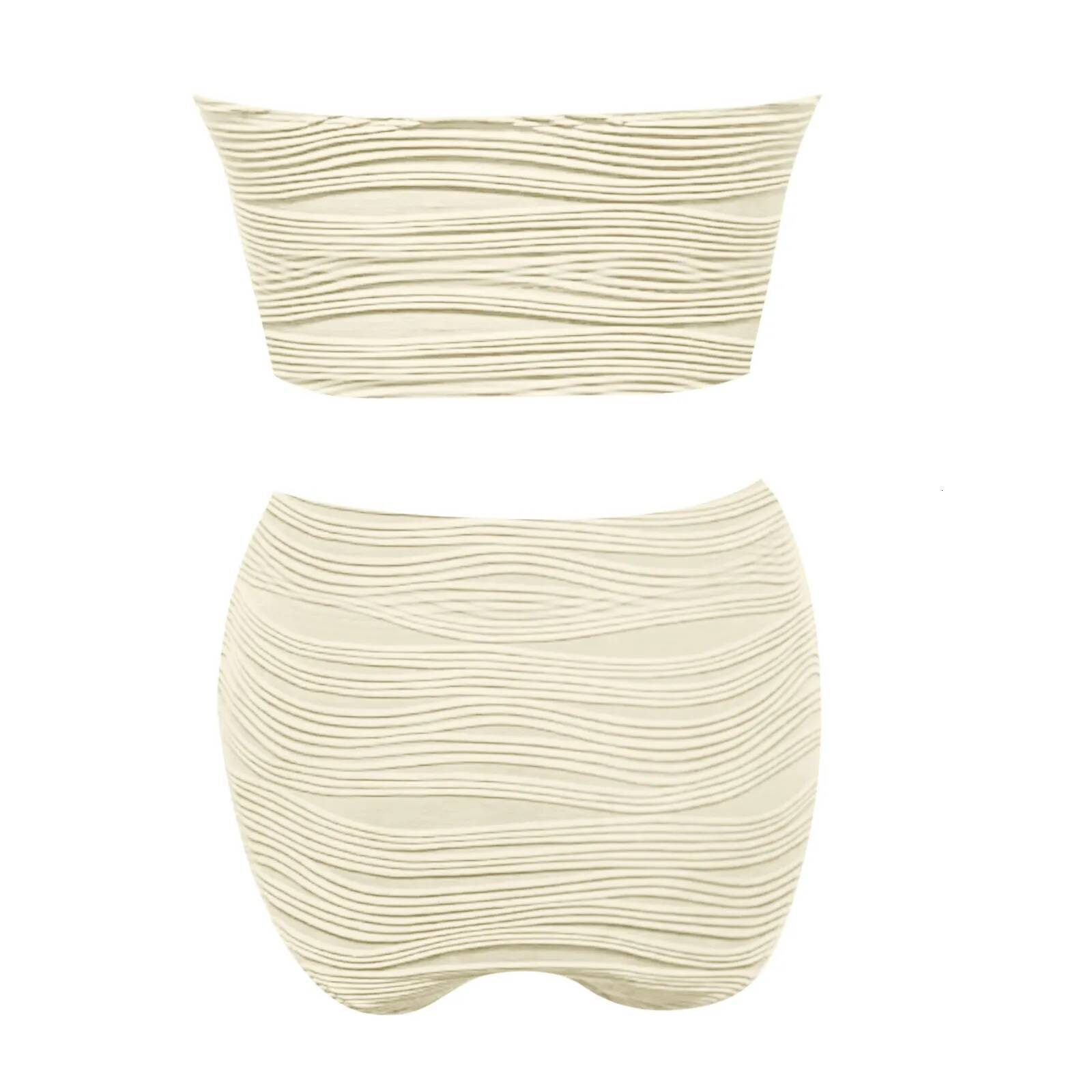 Strapless Solid Tankinis Set Ribbed Beachwear High Waist Bikini Swimsuits Bather Bathing Swimwear Women 2025