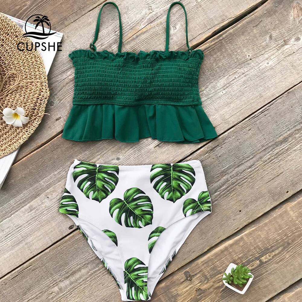 Cupshe Bandeau High Waist Tankini Swimsuit For Women Sexy Ruffled Tank Top Bikini Set Swimwear Bathing Suit Two Pieces