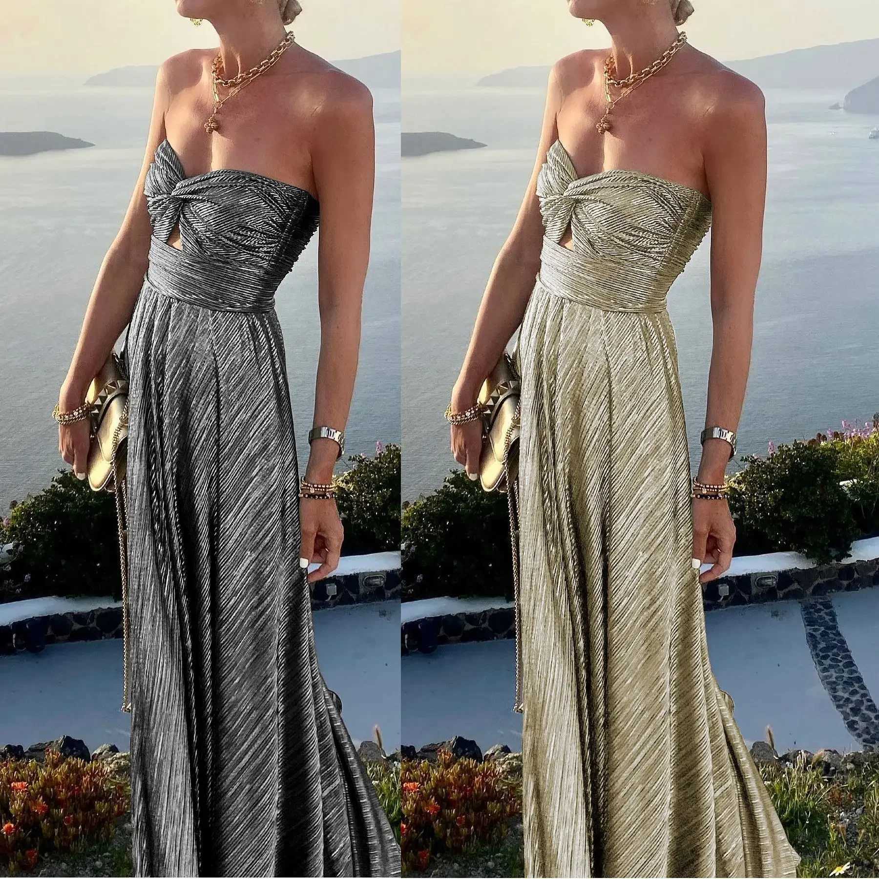 Womens S-XL Size European and American Spring Summer New Sexy Chest Wrapping and Gold Stamping Party Dress INS Casual Flare XJ250610