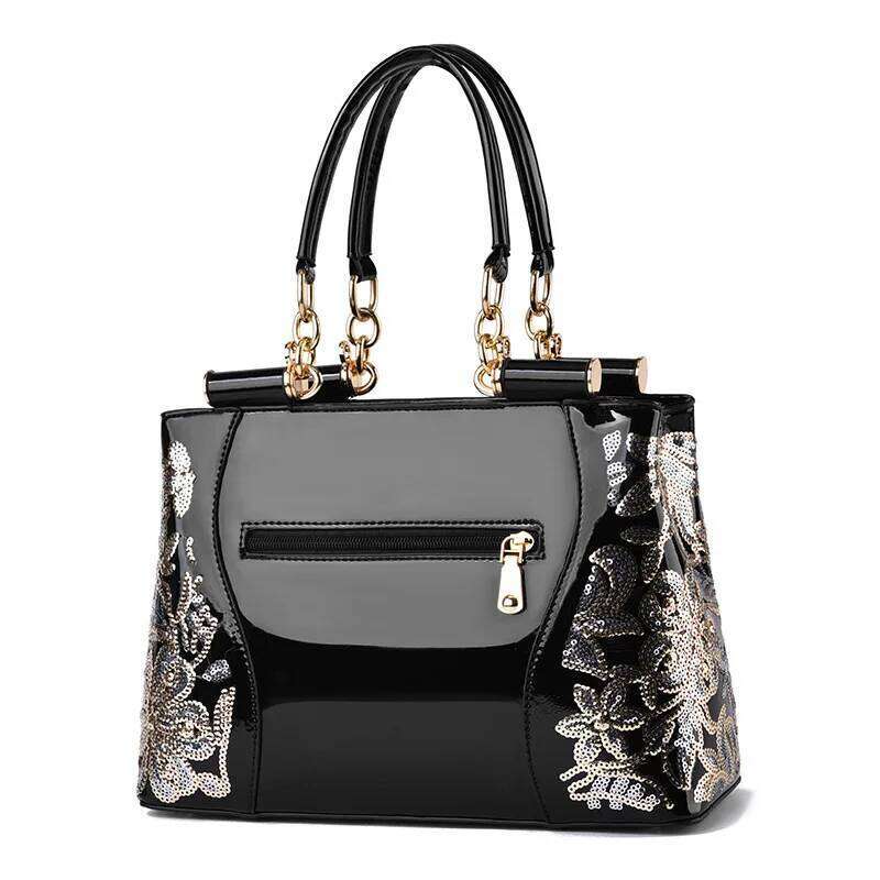 Retro Handbag Large Capacity Bright Leather Double-Sided Embroidered Women's Atmospheric Shoulder Messenger Bag