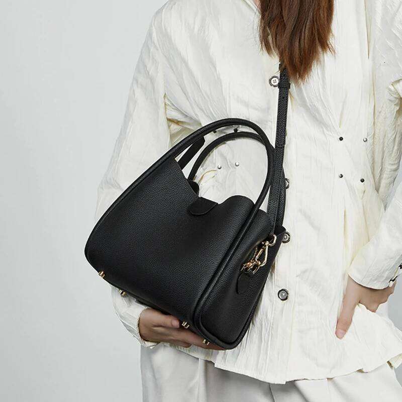 Burminsa Cowhide Genuine Leather Bucket Tote Handbags For Women 2025 Designer Top Handle Ladies Shoulder Crossbody Bags
