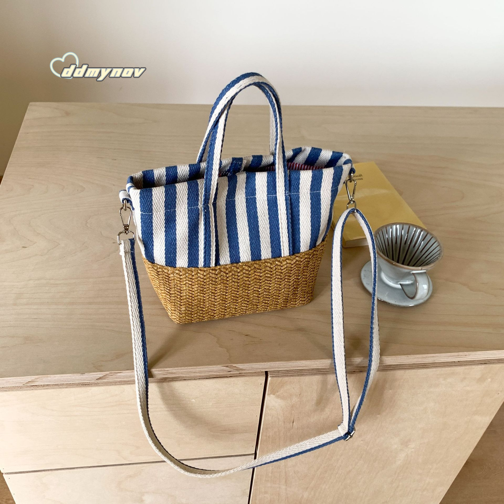 Niche Plaid Woven Canvas Fashion Tote Large Capacity Patchwork Casual Shoulder Crossbody Bag ddmynov