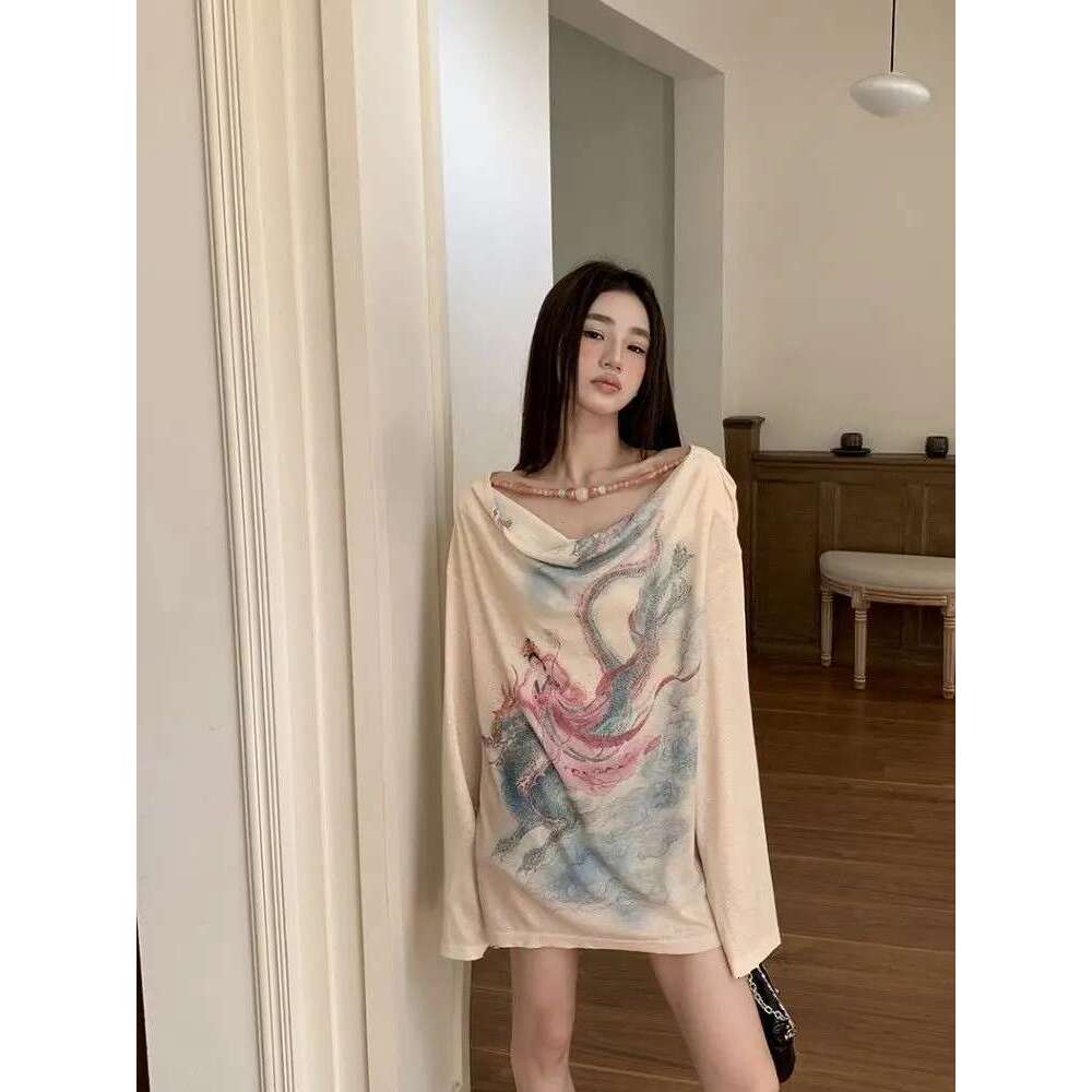 Chinese Print Swing Collar Long Sleeve Sunscreen Oversized T-Shirt Women Tops Summer New Spicy Girl Thin Loose Casual Top