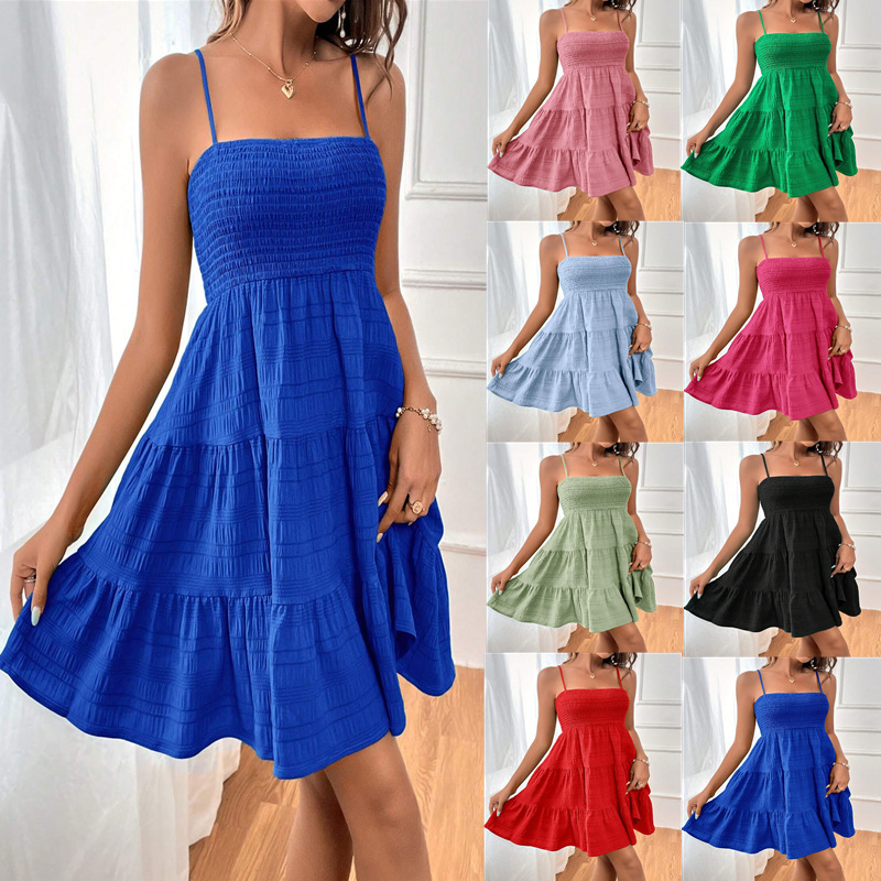 F222European and American Amazon cross-border women's clothing summer new style one-shoulder thin sling solid color versatile texture dress