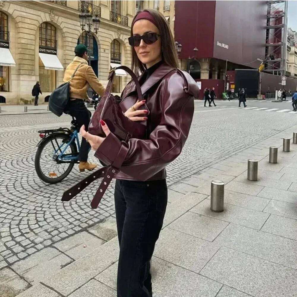 Pop Fashion Lapel Belt Crop Coat Women Elegant Long Sleeved Zipper Pu Jackets Lady Streetwears Clothing Leather Jacke