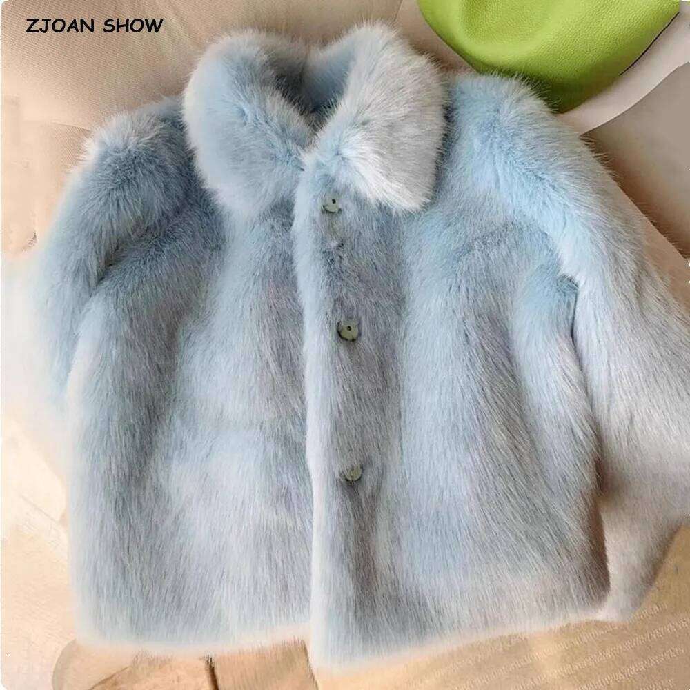 2024 Winter Light Ice blue Turn down Lapel Hairy Shaggy Faux Fur Coat Women Full Sleeve Furry Warm Jacket Short Outerwear
