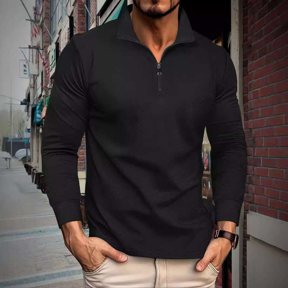 Ins Autumn New Twill Jacquard Zipper Long Sleeve Men's Sports Polo Shirt B5