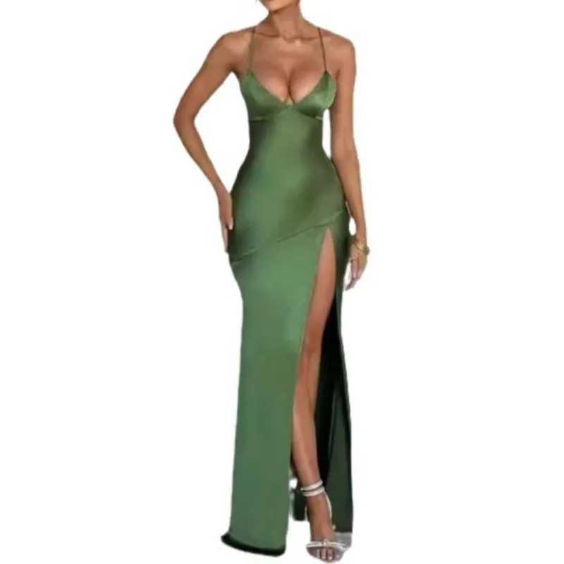 Womens Bandage Backless Elegant Dresses Split Hem Spaghetti Strap Slim Cocktail Party Club Fashion Satin Solid Lace-Up Dresses XJ250610
