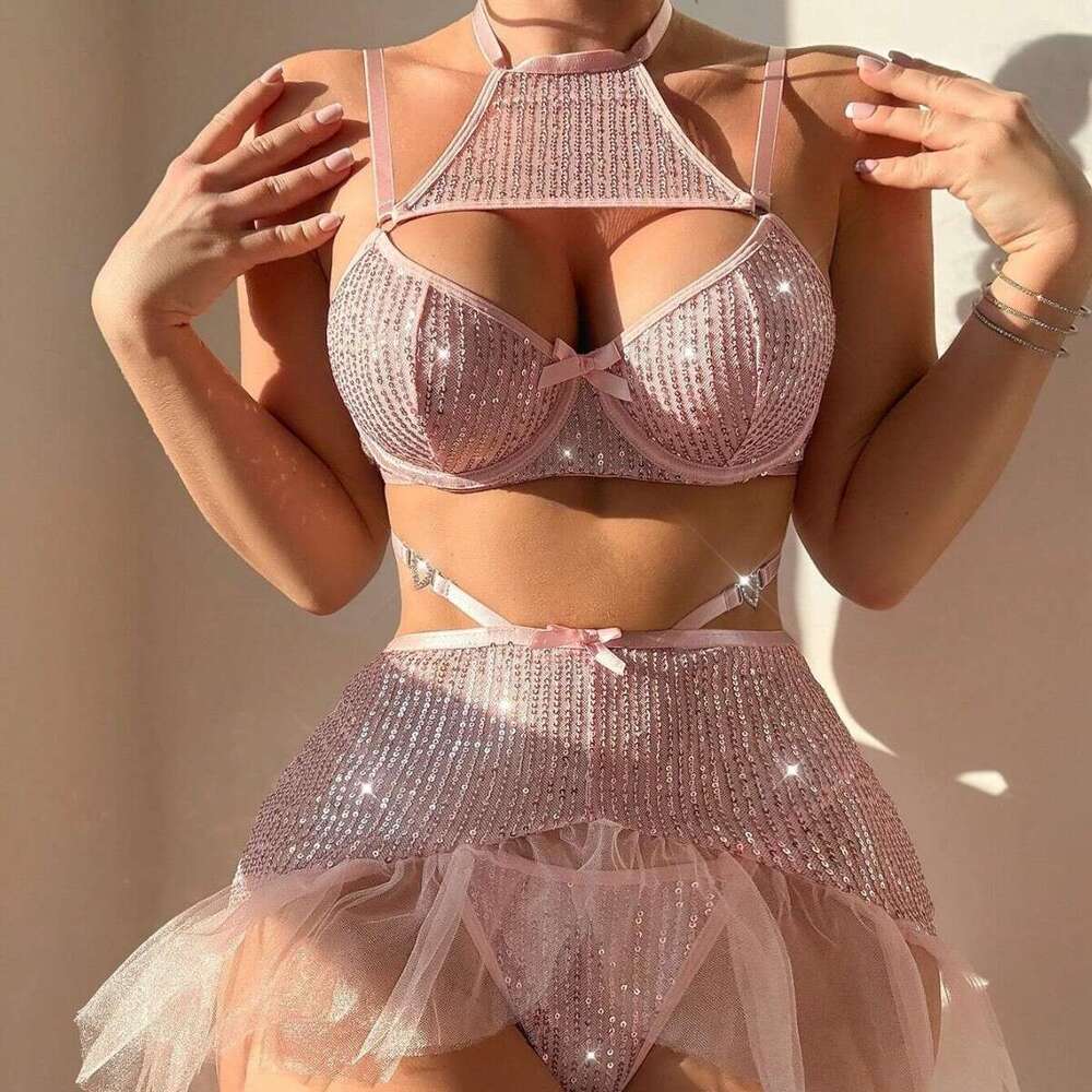 Spell Lingerie Porn Suits Glitter Nightclub Costume Bowknot Sequin Strap Sexy Mesh Lingerie Sexy Lingerie