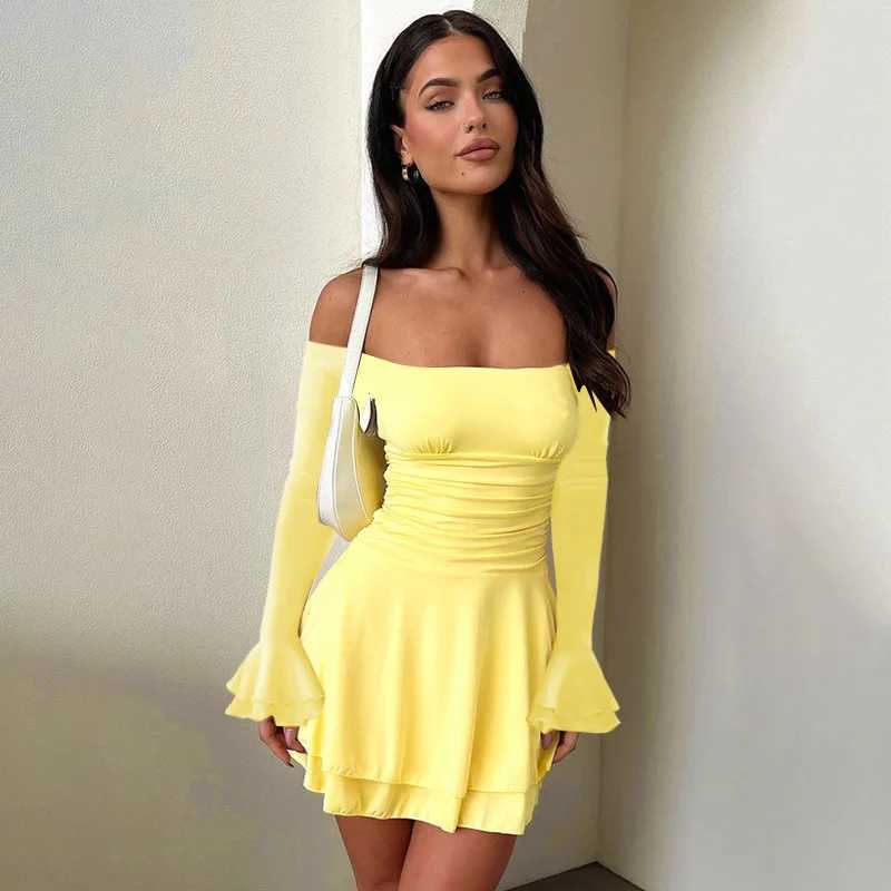 Spring Solid Color Womens Dress Slim Fit One Shoulder Backless Flared Sleeve Slimming Temperament XJ250610