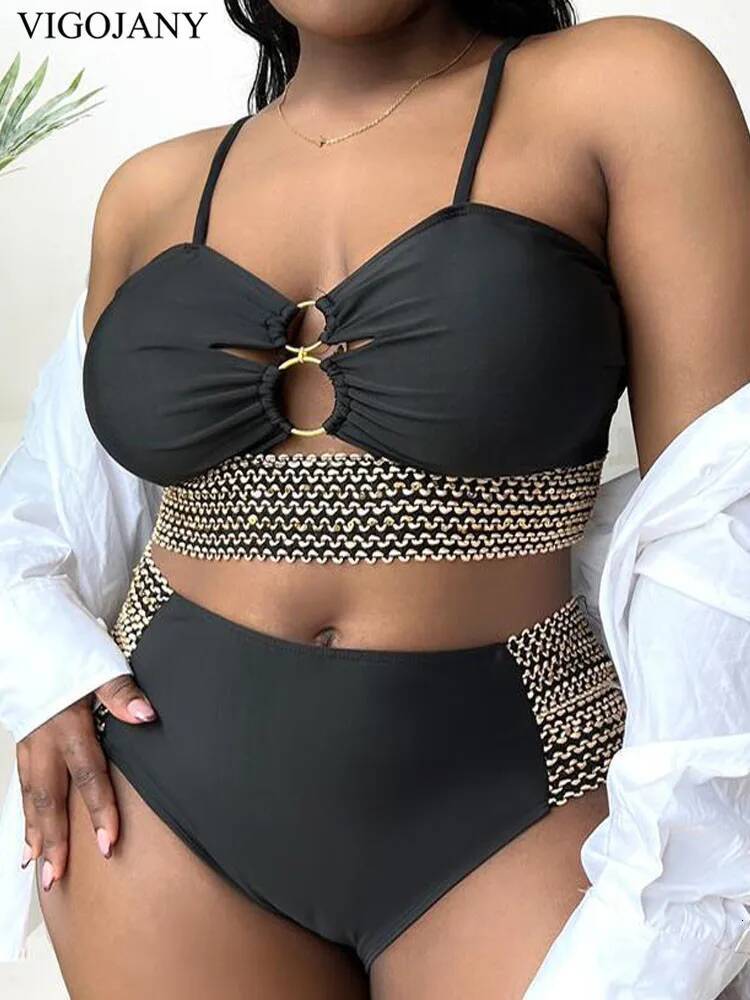 VigoJany 2025 Patchwork Hollow Two Piece Plus Size Bikini Women Strapped High Waist Swimsuit Brazilian Beach Lady Bathing Suit