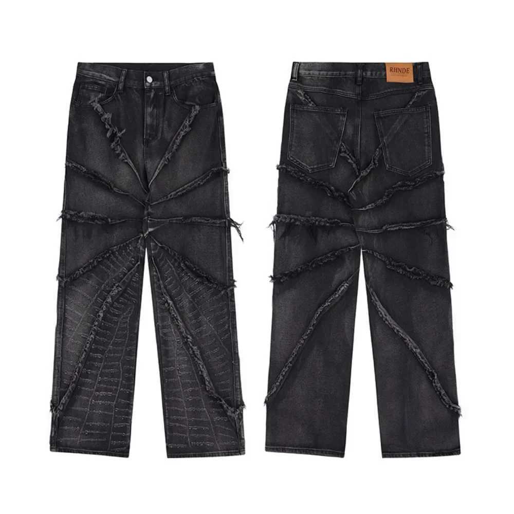 High Street Fringe Cotton Jeans Straight Leg Loose Fit Black Hip Hop Cotton Knit Fabric Distressed Washing Shorts For Men M250610