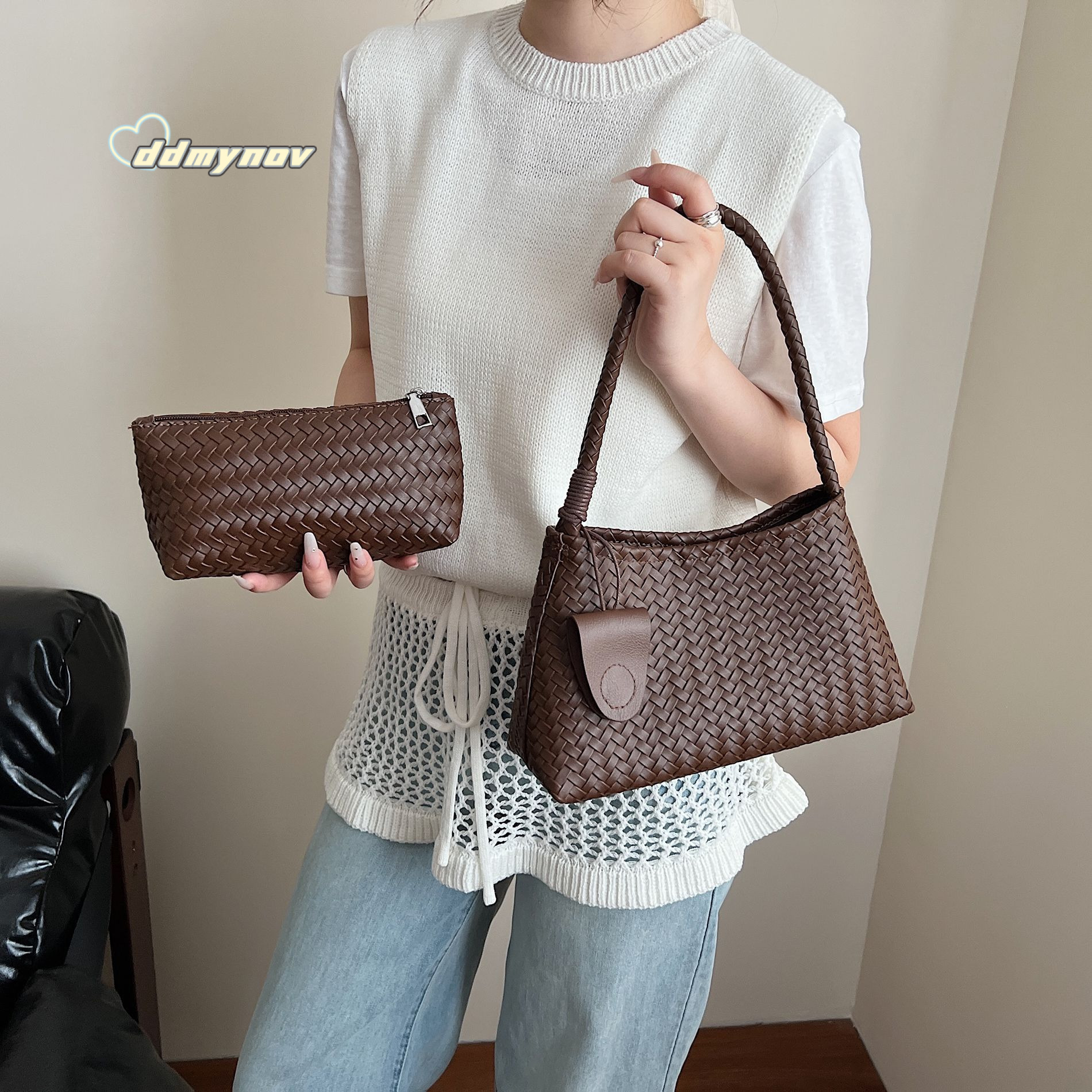 Korean Niche Handwoven Underarm Fashion Casual Handheld Mother-Daughter Large Capacity Shoulder Bag for Women ddmynov
