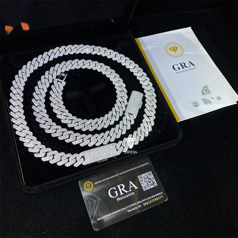 OACOCA Hip Hop Jewelry 2rows 8mm 10mm 12mm 13mm 14mm 15mm VVS Moissanite Diamond Cuban Link Chain 925 Silver Moissanite Necklace