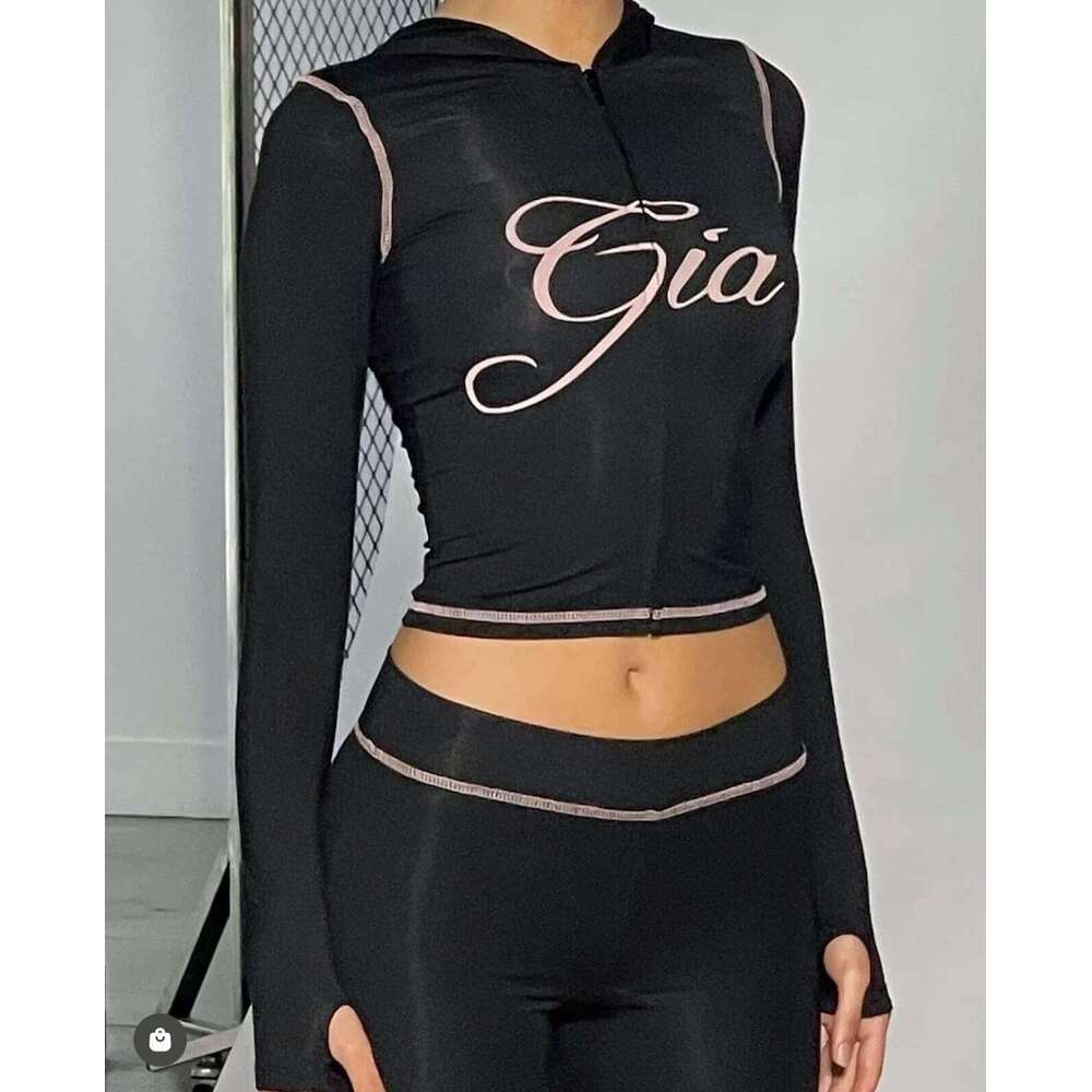 Iamgia Slim Shoulder Monogram Print Bright Slim Hooded Zipper Short Jacket Trouser Suit