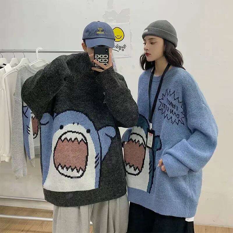 ZAZOMDE Turtlenecks Shark Sweater 2023 Winter Patchwor Haruku Korean Style High Neck Oversized Grey Turtleneck For Men