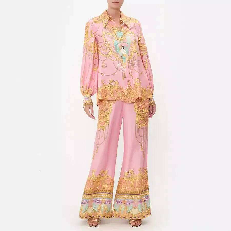 New Europe And The United States Leisure Long-Sleeved Pink Printed Shirt Trousers Two Sets Of Women