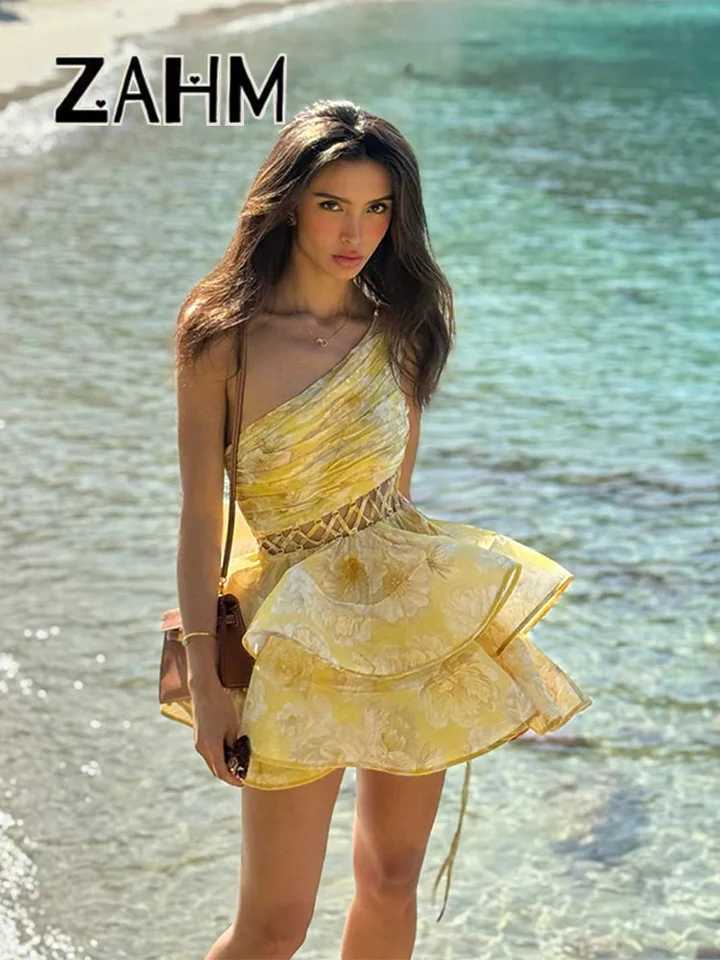 Sexy One Shoulder Print Short Dress Women Hollow Out Ruffle Hem A-line Floral Dresses 2025 Spring Lady Party Robes New XJ250610